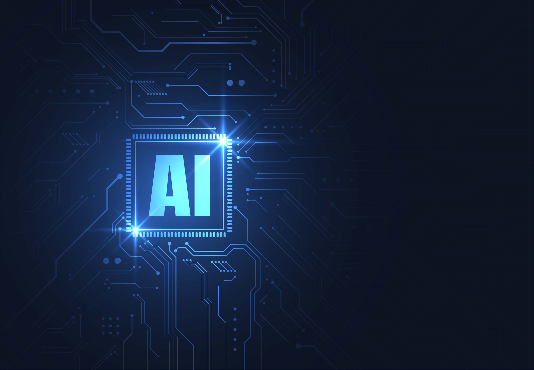 The letters AI in luminescent blue against a dark background.