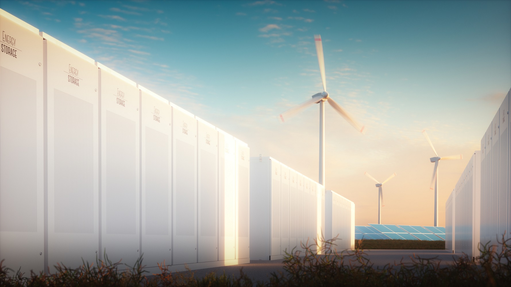 Wind turbines, solar panels, and battery storage systems.