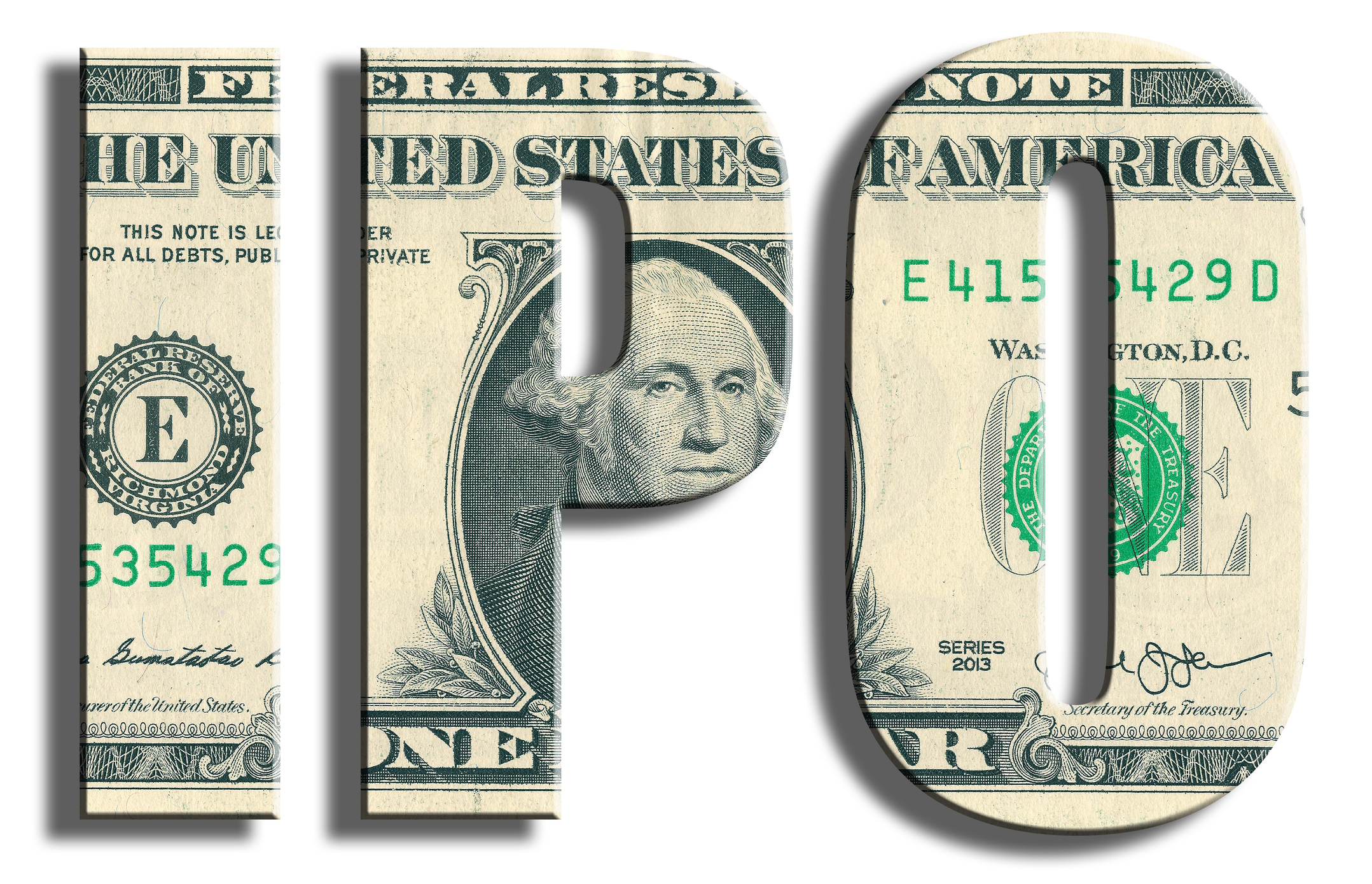 IPO in block letters with image of one dollar bill