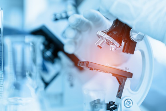 Scientist looking through a microscope in a lab.