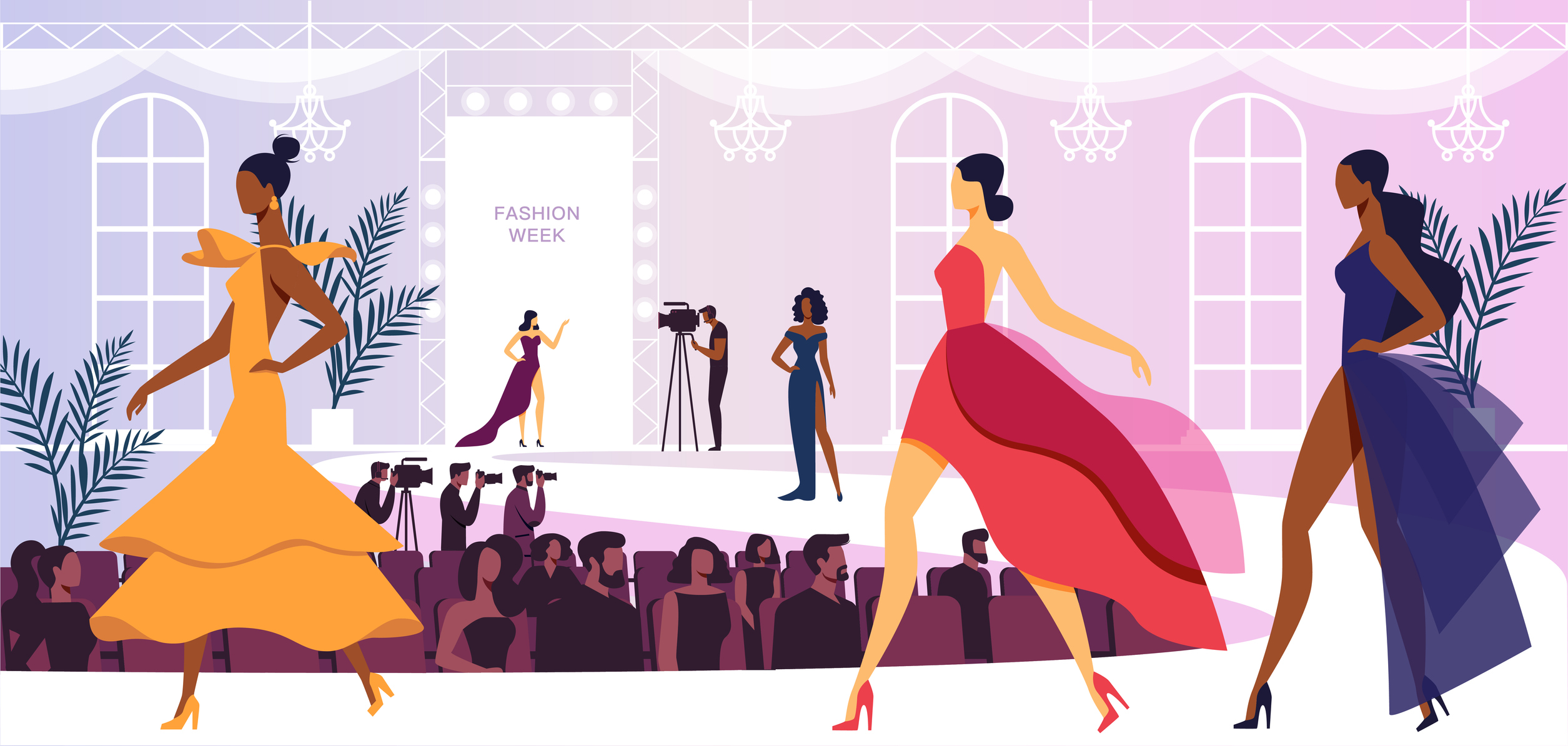 Cartoon of models walking down runway