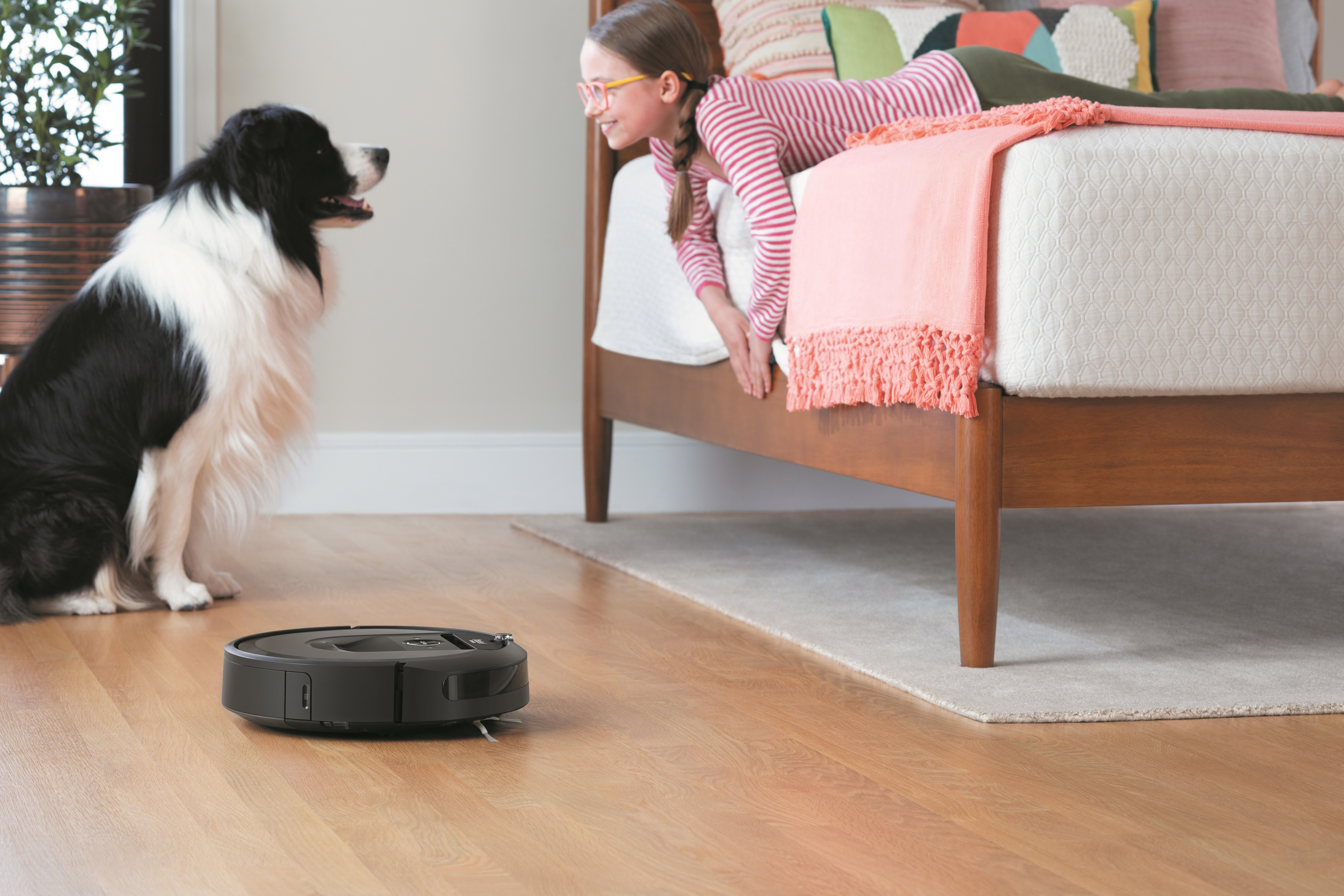 Roomba in a bedroom next to a dog and a girl on a bed