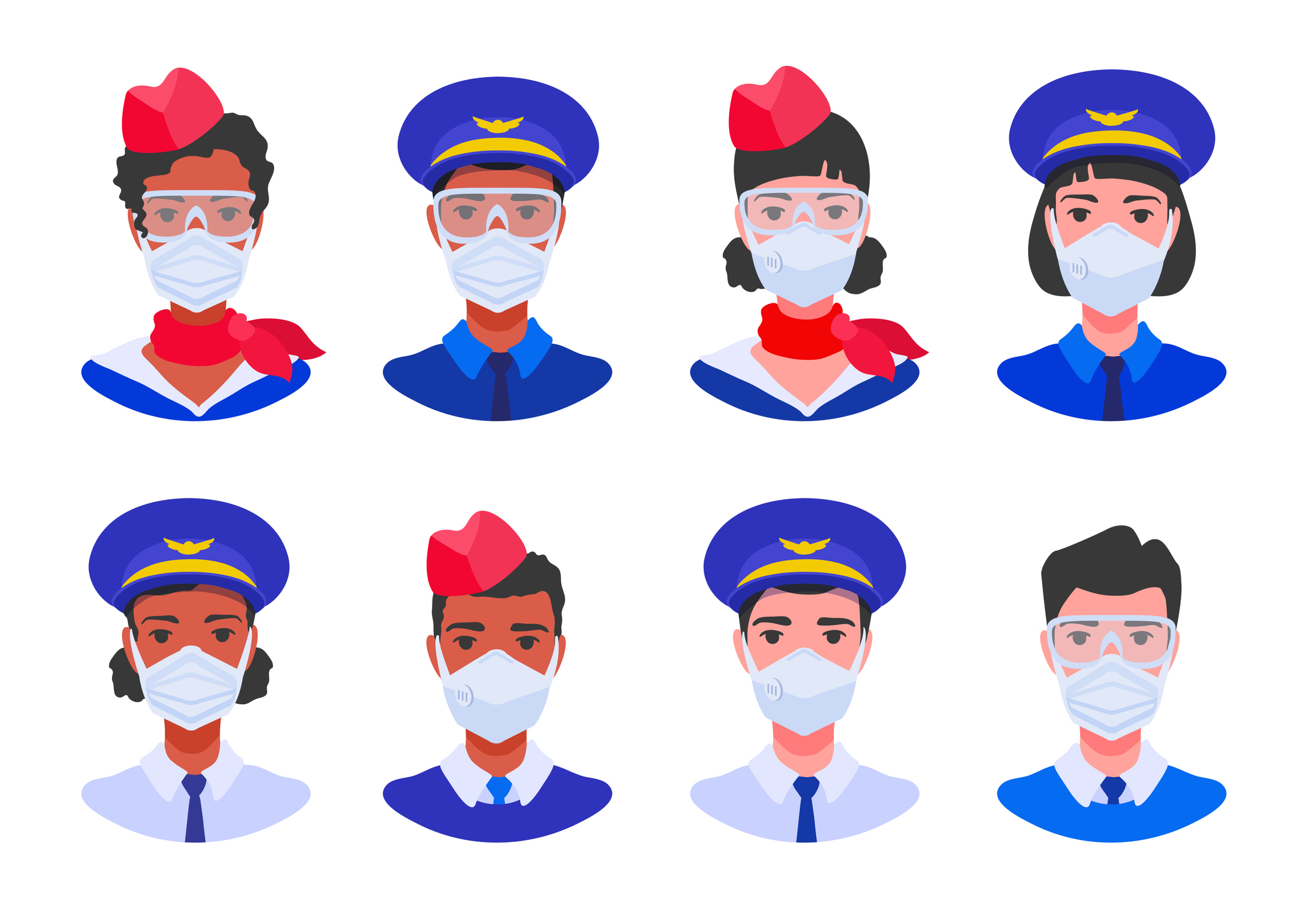 drawings of airline workers wearing surgical face masks