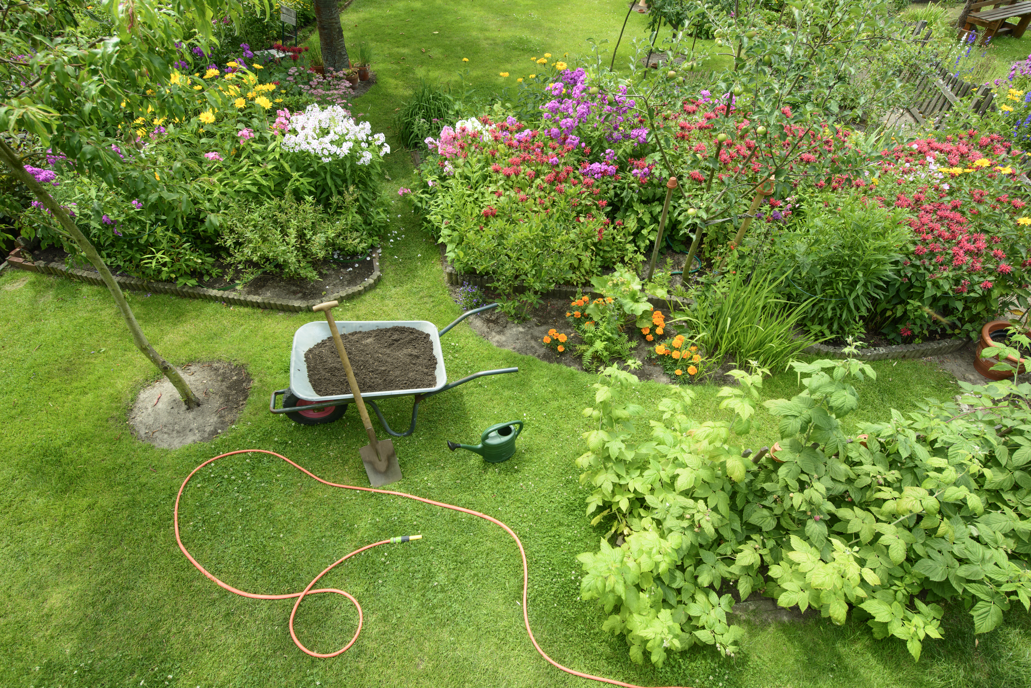 Aerial view of a landscaped yard, with a wheelbarrow filled with soil, a hose, and a watering can.