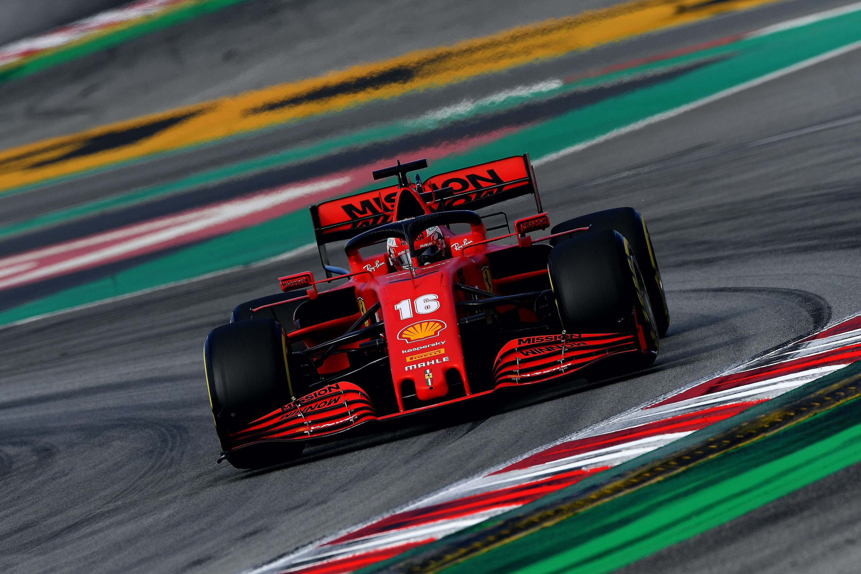 A Ferrari racing car driven by Charles Leclerc, shown on track during testing earlier in 2020.