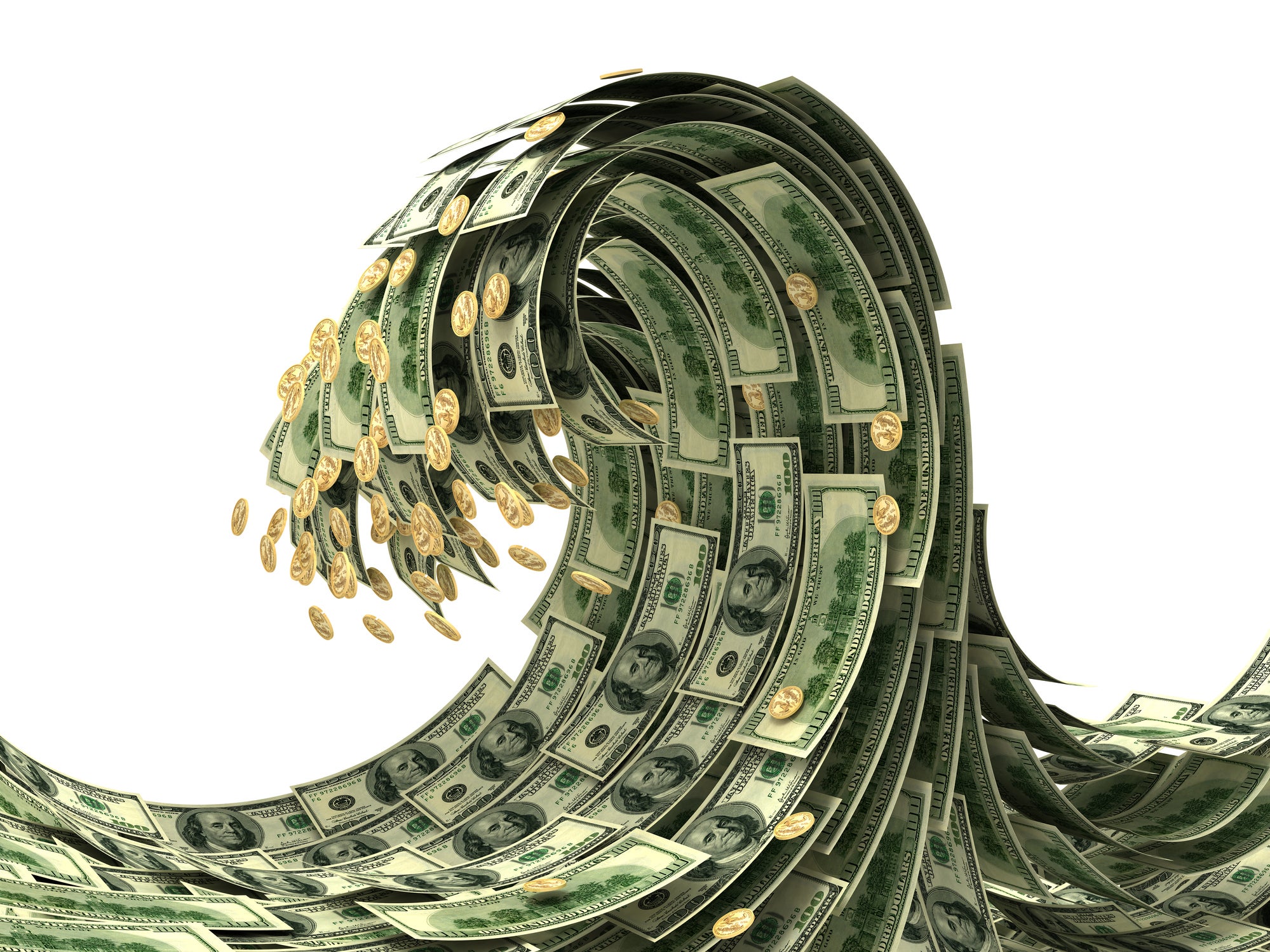 A tsunami wave consisting of dollar bills and coin.