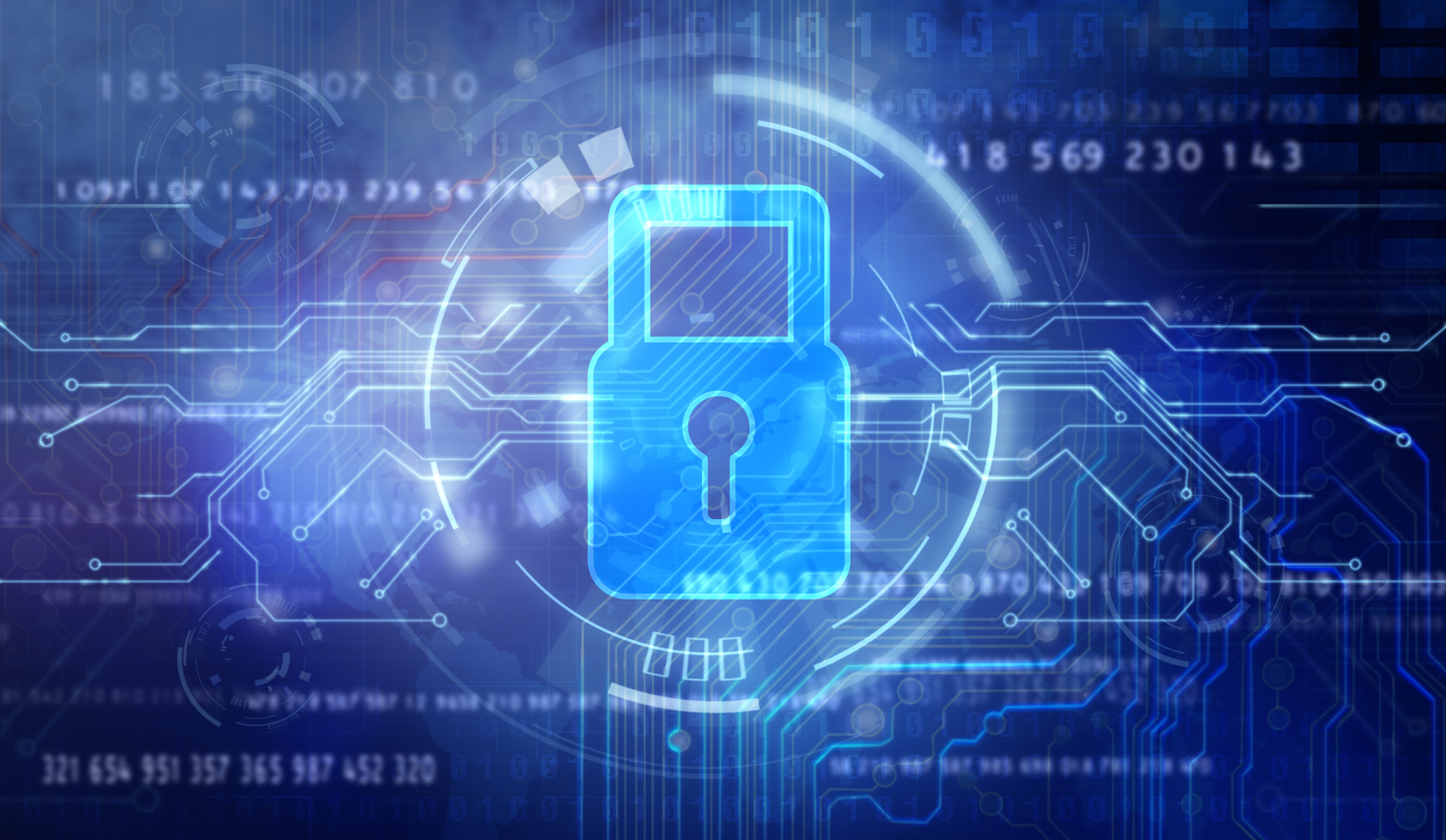 A digital lock in a collage of cybersecurity data.