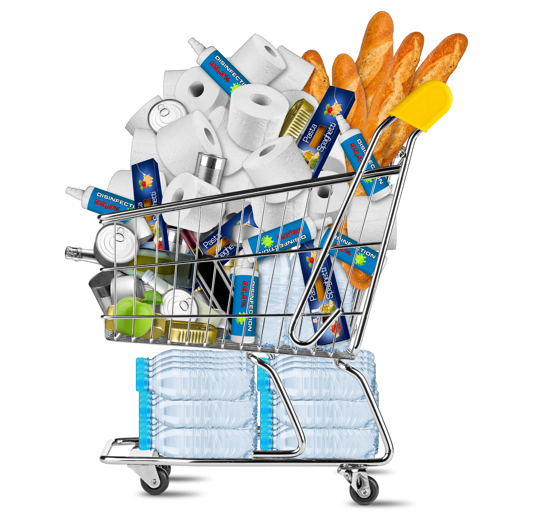 Shopping cart filled with essential items