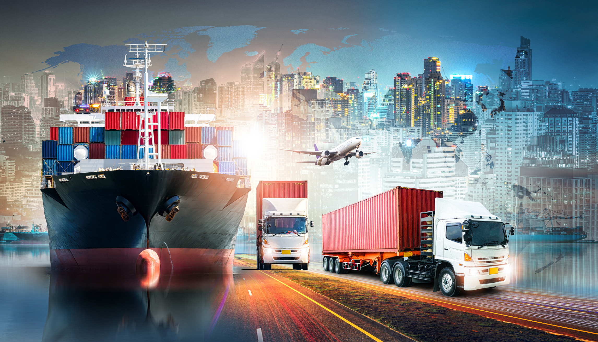 A cargo ship, trucks, and a plane with cityscape and world map in background