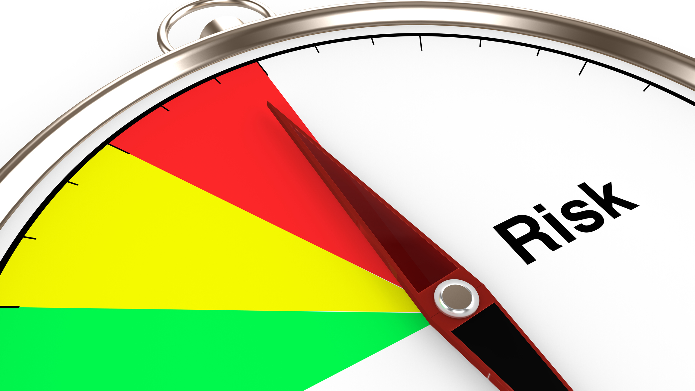 Gauge measuring risk with arrow  pointing to red section