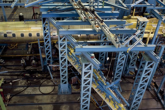A plane on the assembly line.