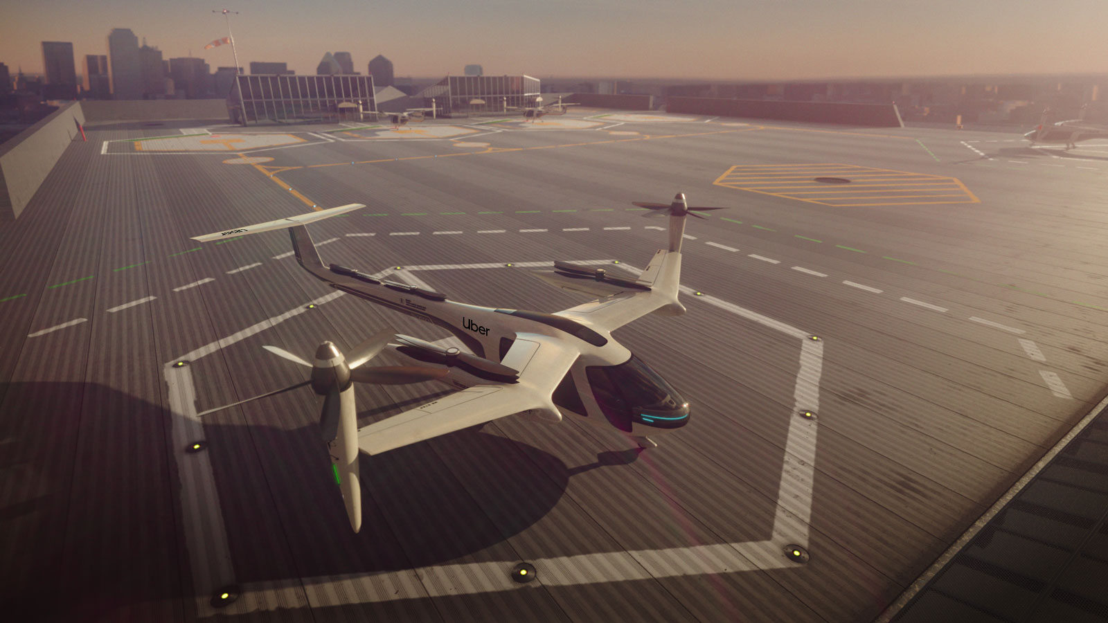 Rendering of a prototype Uber Elevate flying taxi on a rooftop helipad