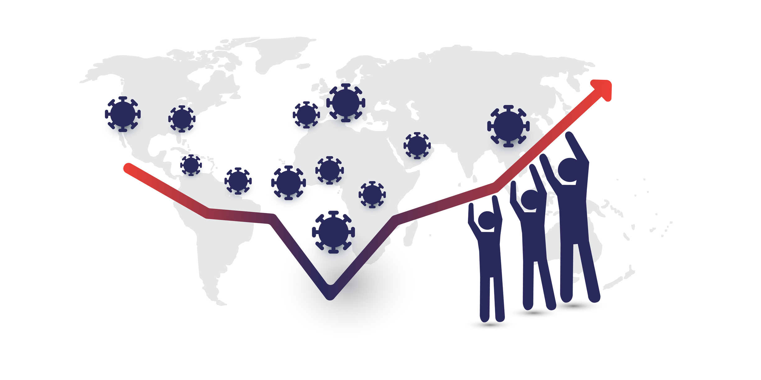 People holding up rising graph, with coronaviruses over a world map.