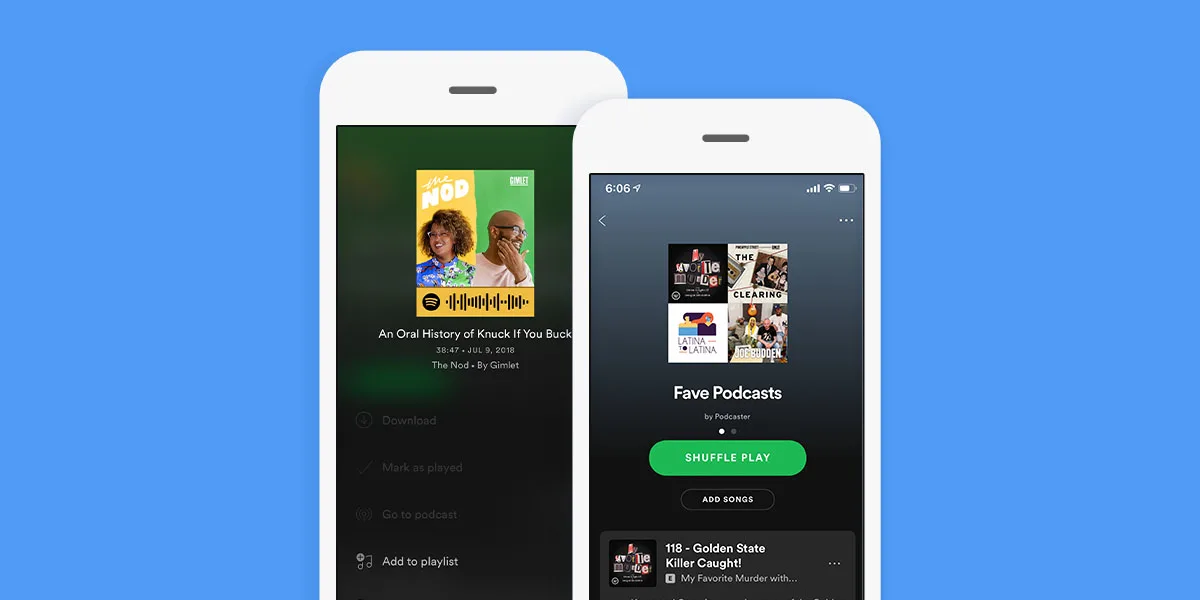 Two smartphone renderings displaying Spotify's podcast platform