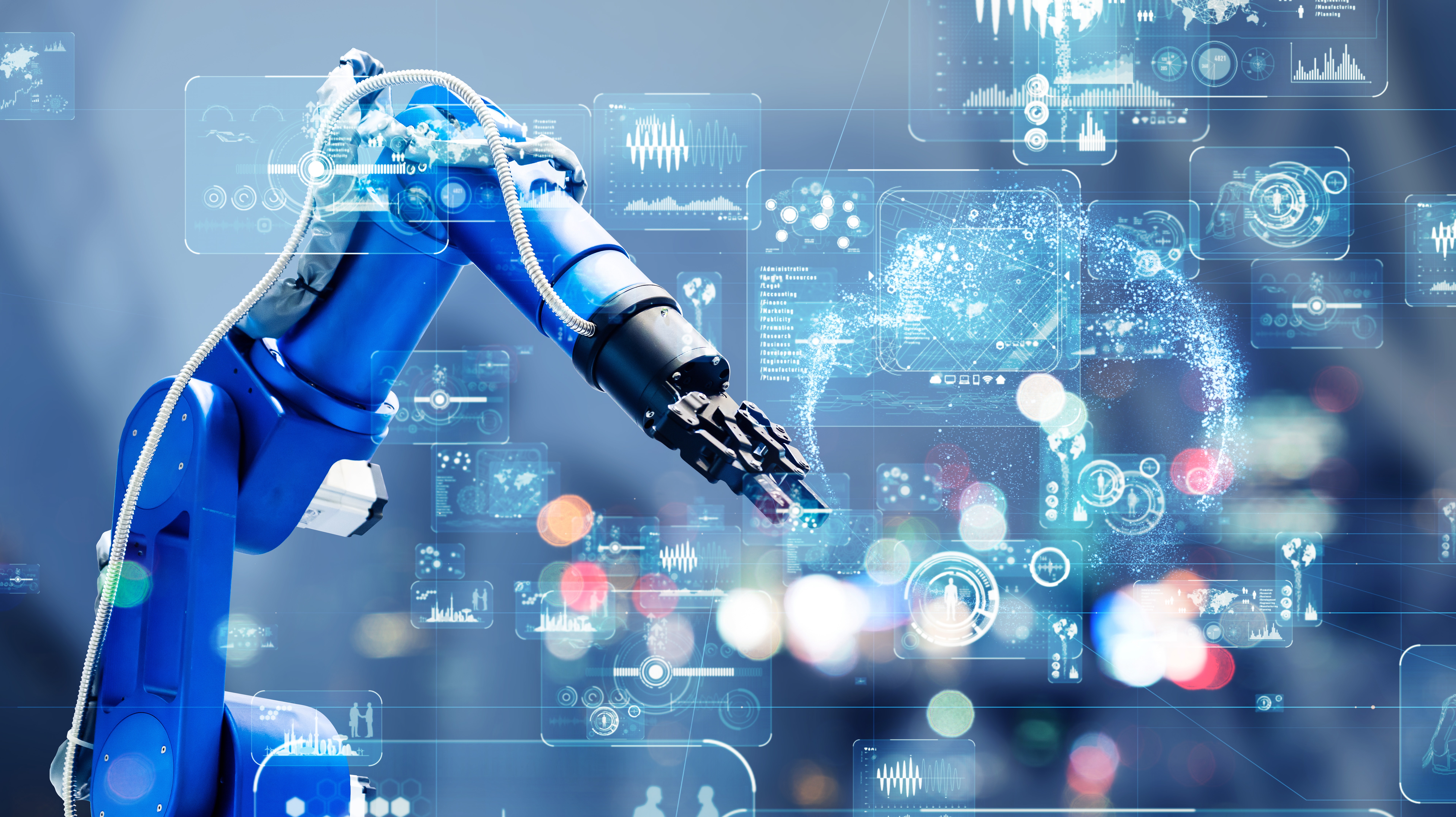 A robotic arm behind tech icons.