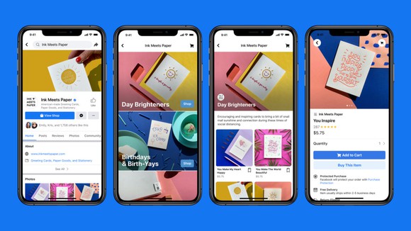 Four smartphones showing examples of the Facebook Shops interface