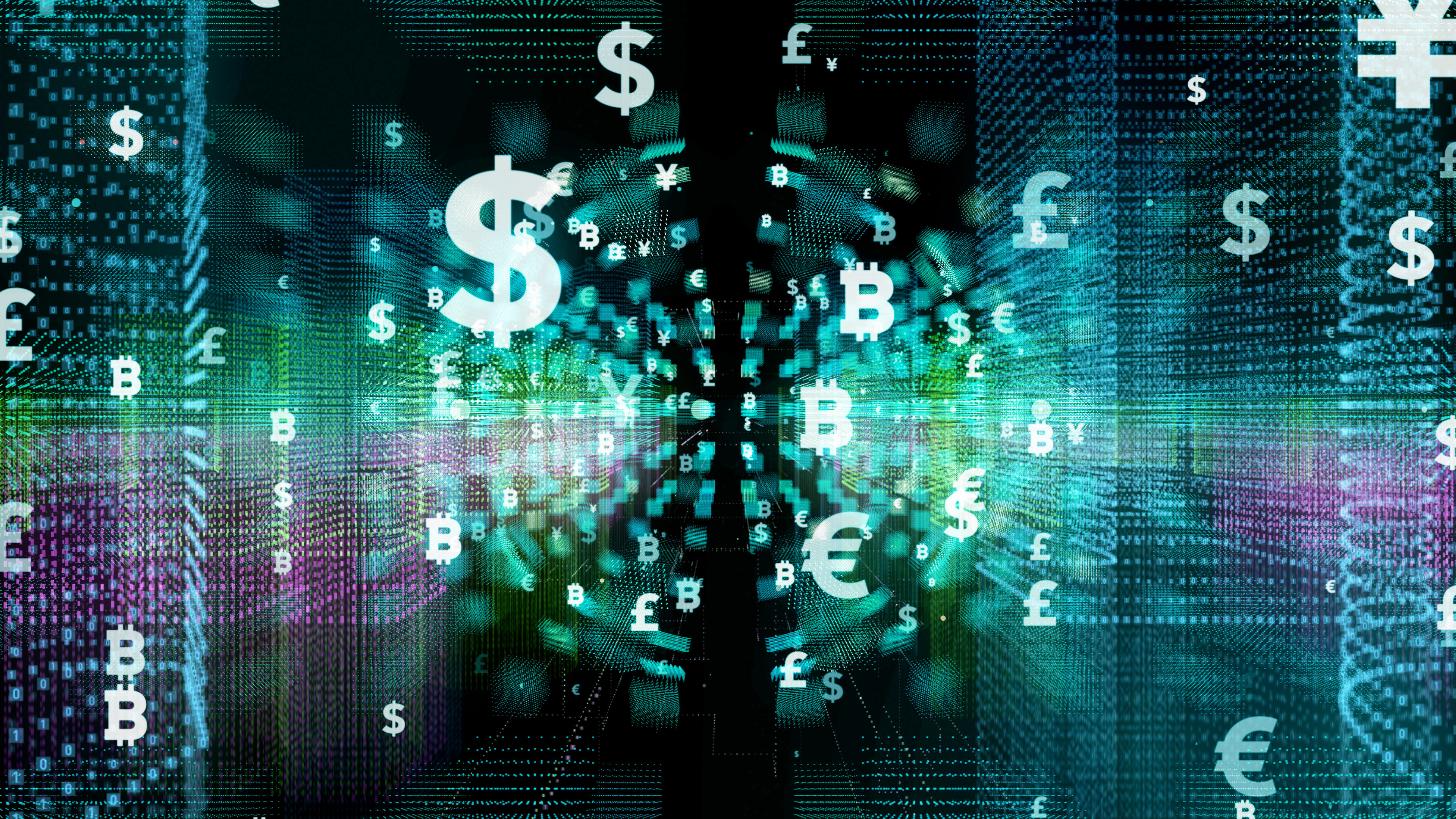 Symbols of various currencies, including the dollar, the euro, and bitcoin.