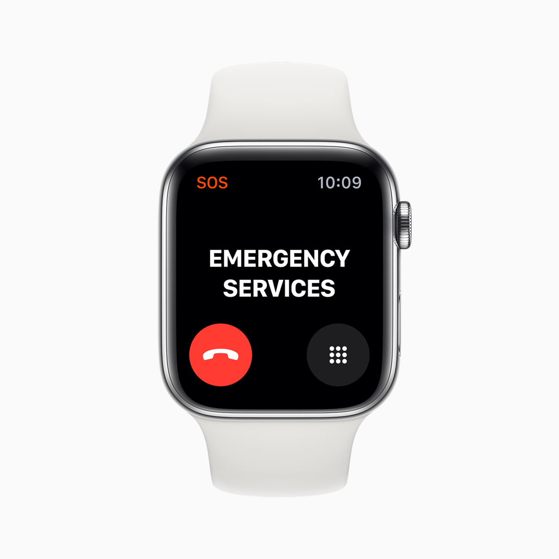 An Apple Watch with the words emergency services on the screen.