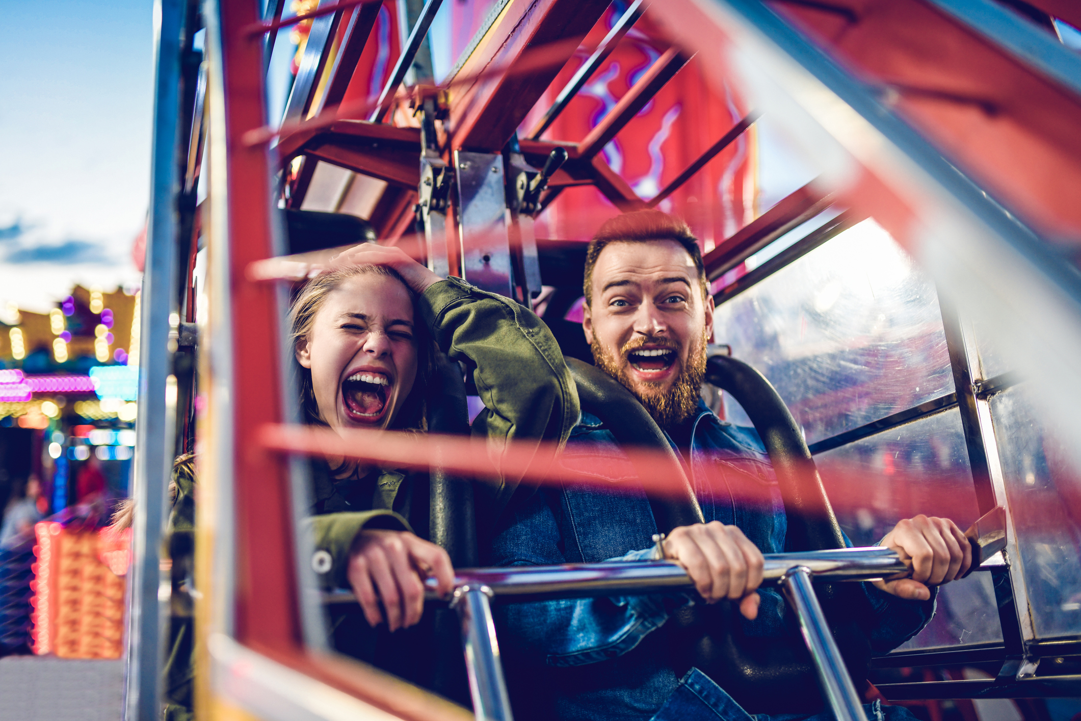 People on an amusement park ride.