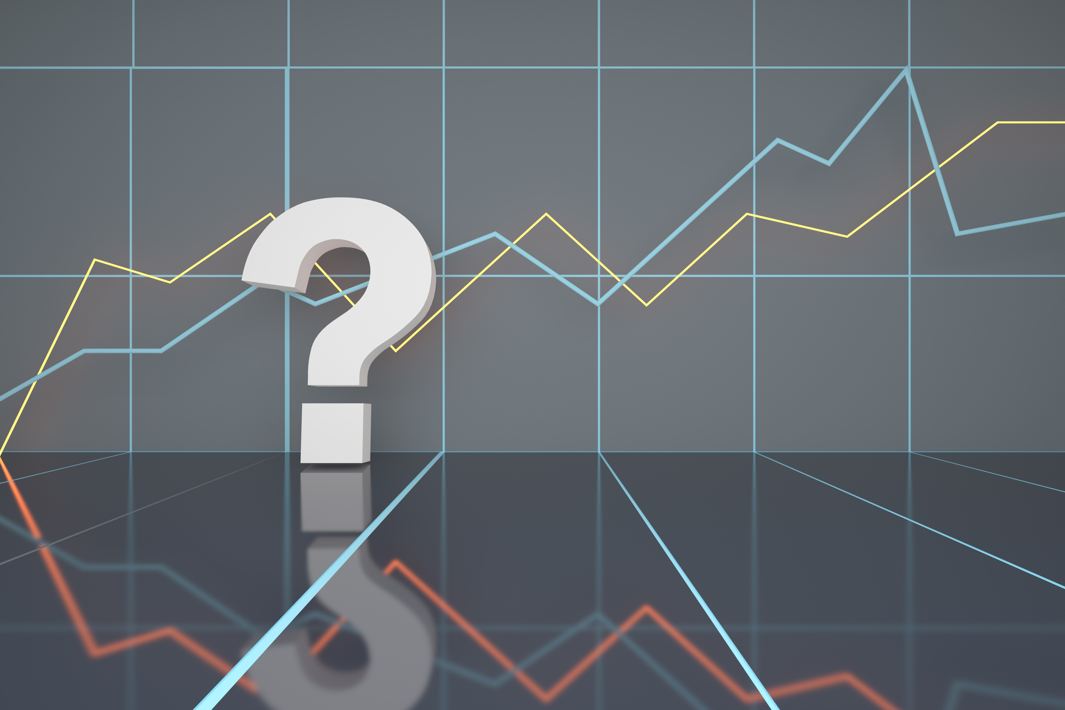 Large question mark against a background of lines trending upward