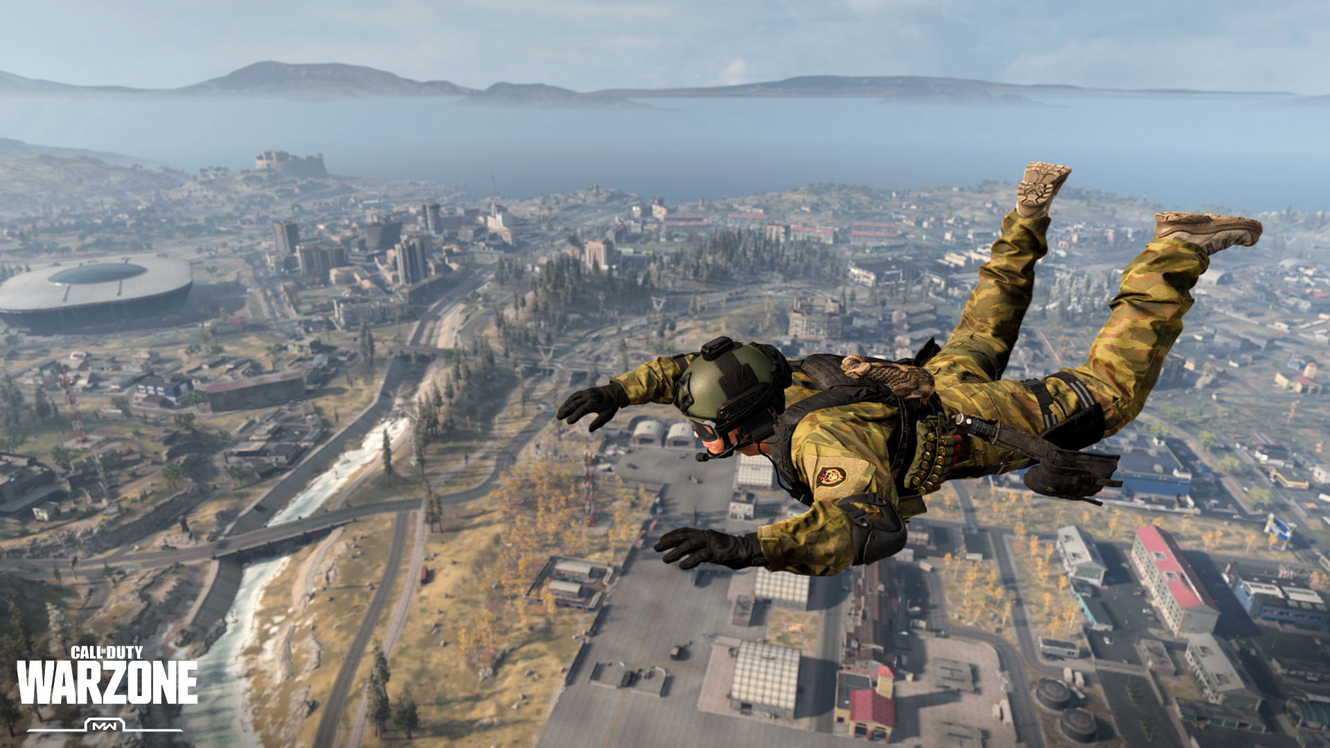 A character skydiving in 'Call of Duty: Warzone.'