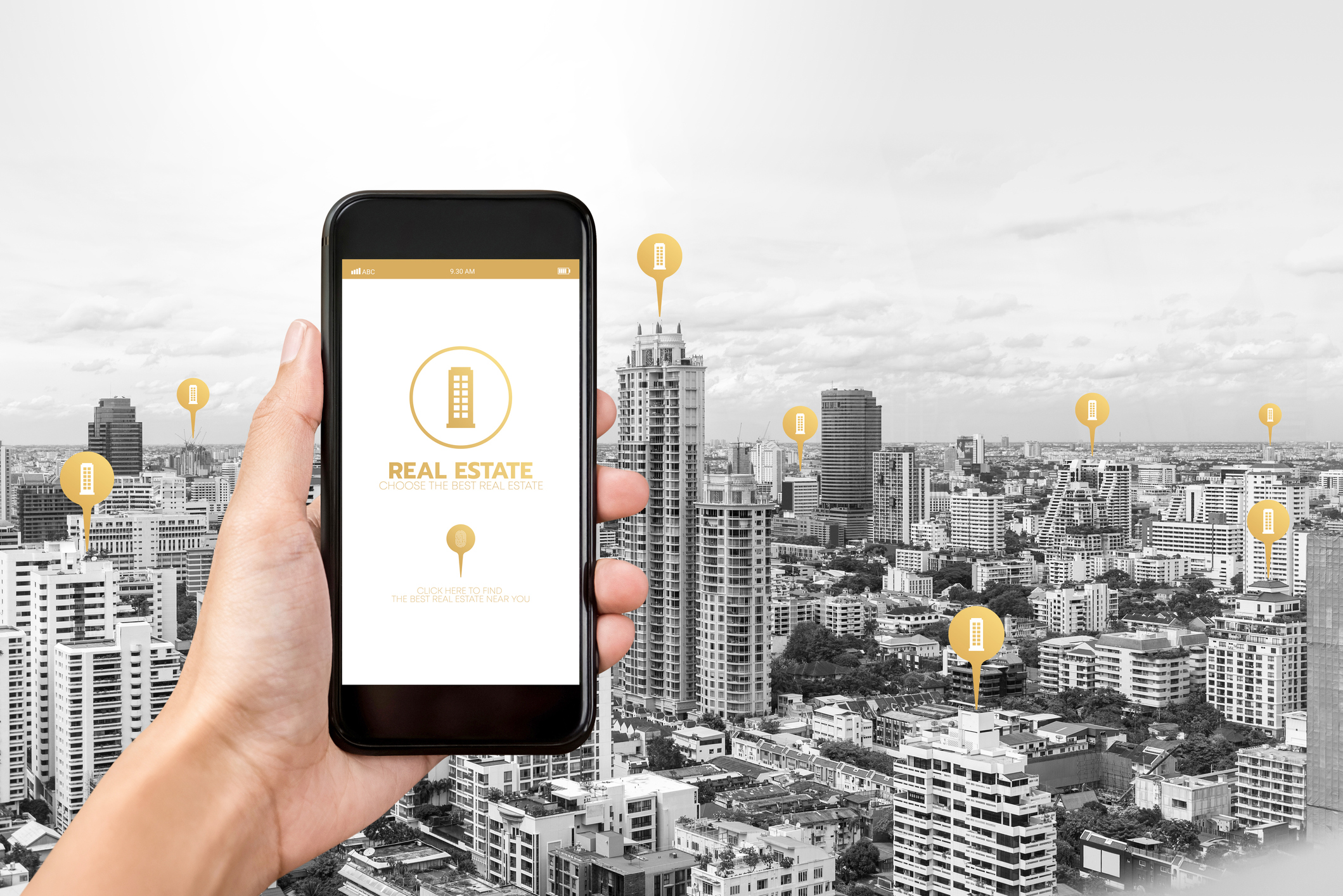 Images of real estate app on phone and real estate managed marked on image,