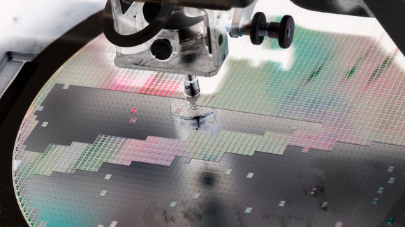 A wafer of chips being manufactured.