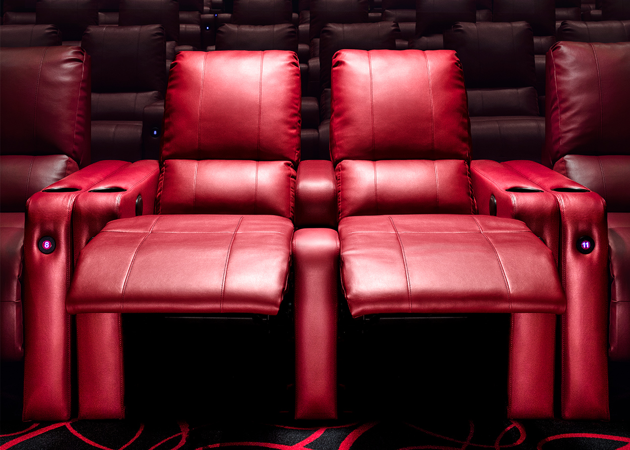 A pair of reclining leather chairs at AMC Lake in the Hills multiplex.