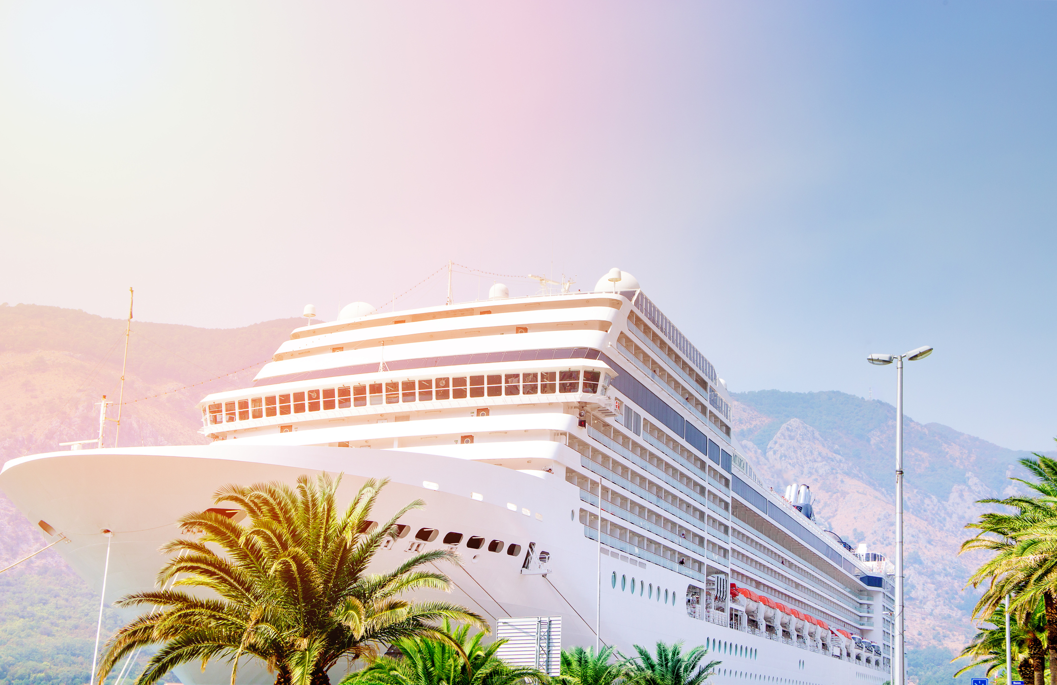 Cruise ship docked in a tropical port viewed from the shore.
