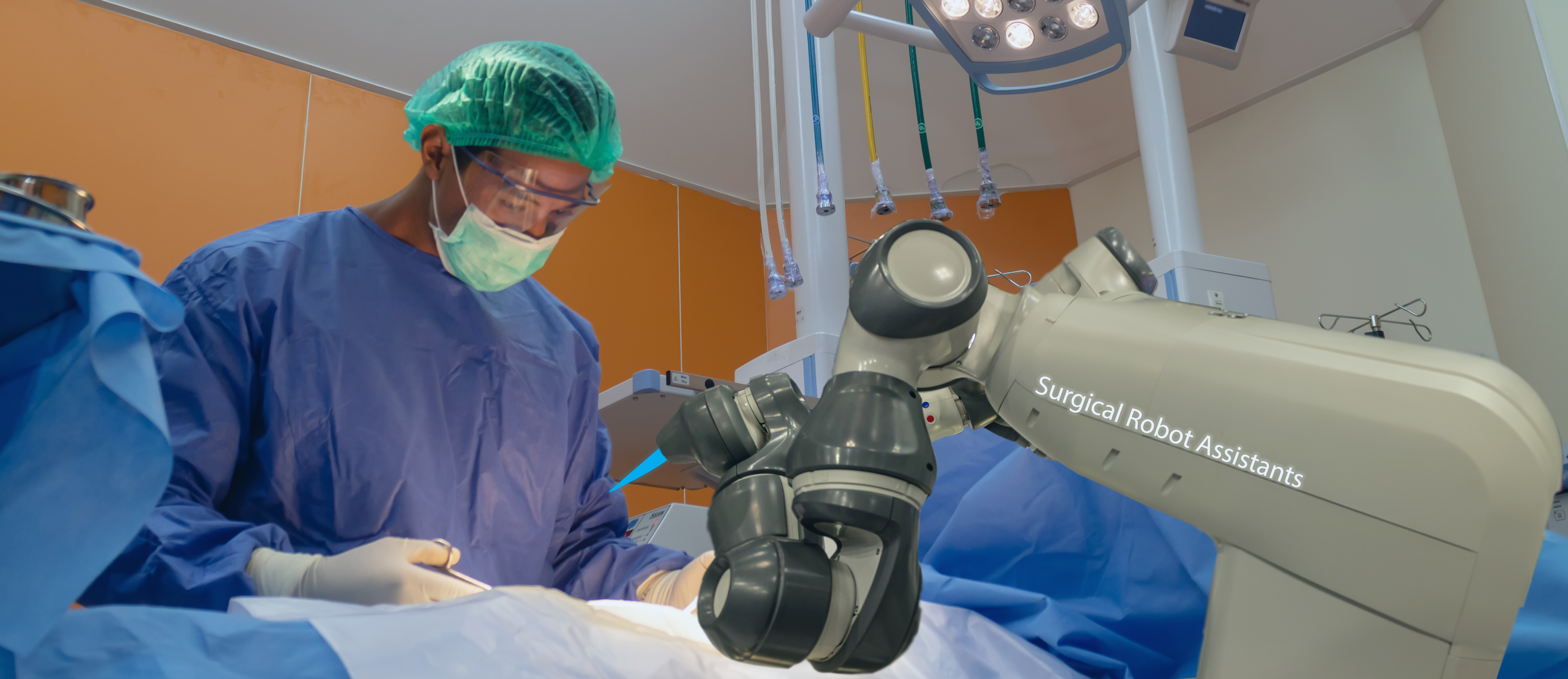 Surgeon at an operating table next to a robot labeled Surgical Robot Assistants