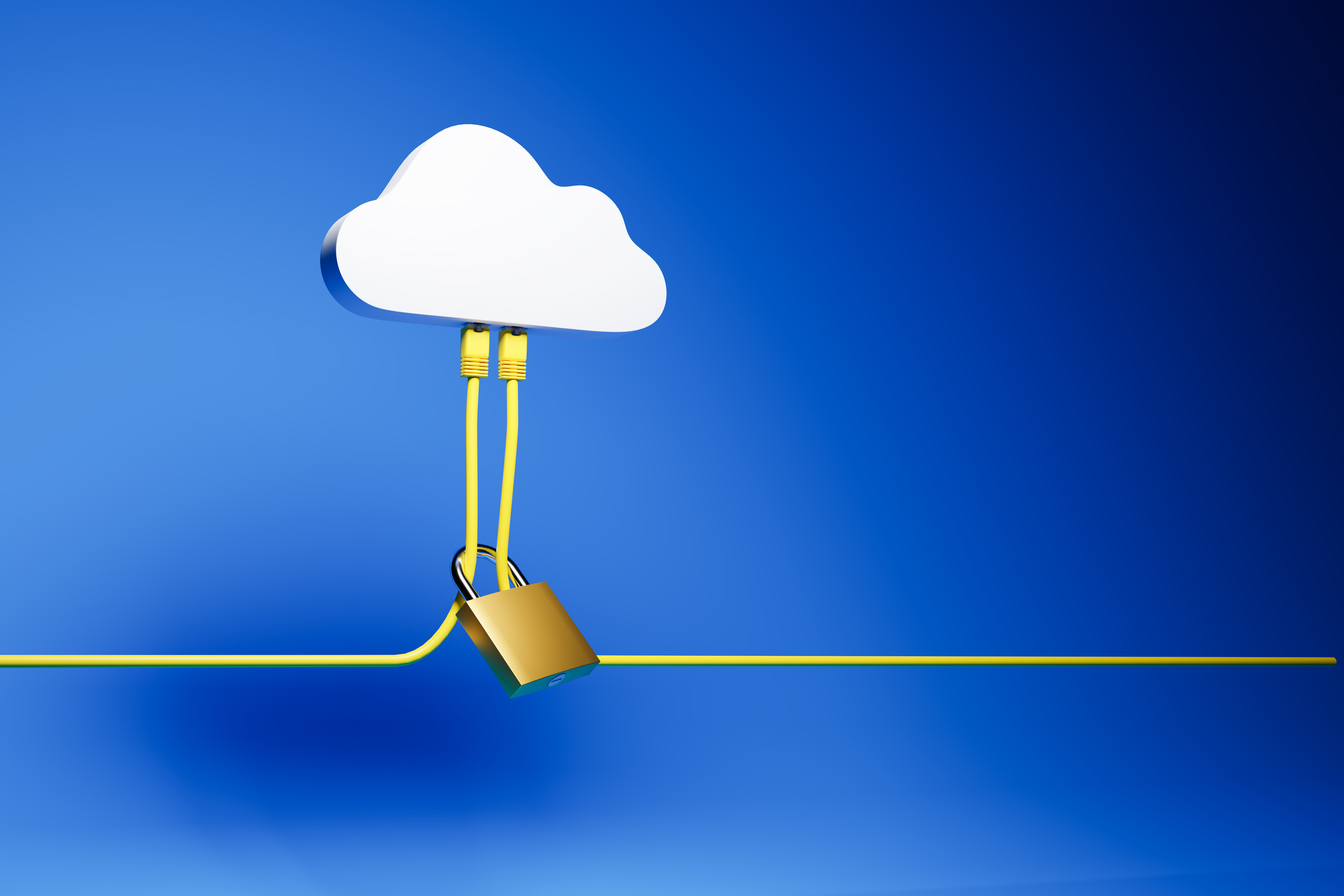 Two yellow Ethernet cables are plugged into a cloud-shaped hub on a blue background and held together by a closed padlock.