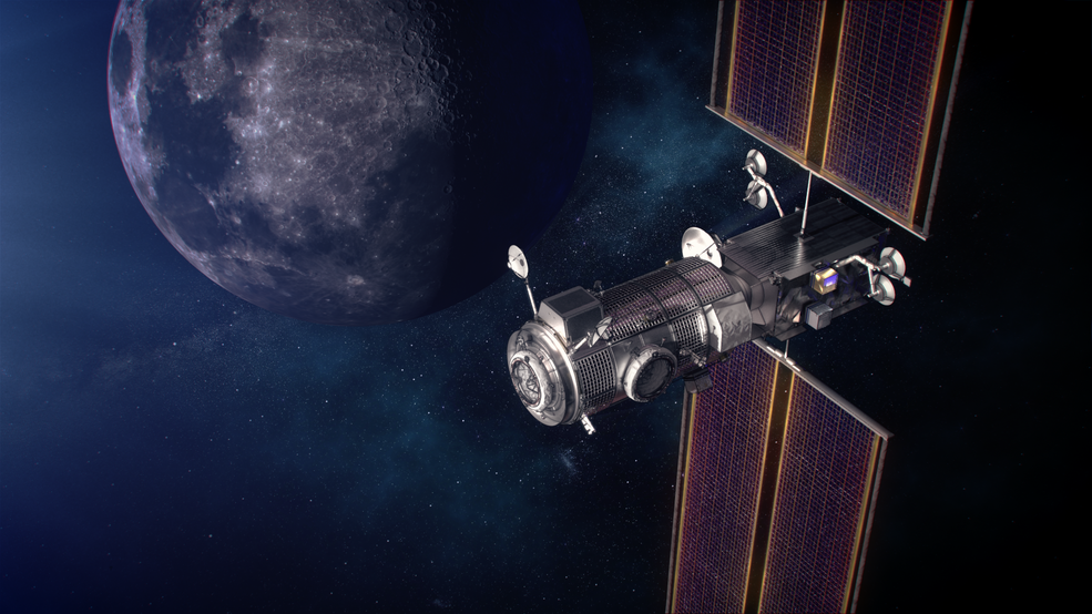 NASA artist's depiction of HALO Lunar Gateway in orbit around the moon.