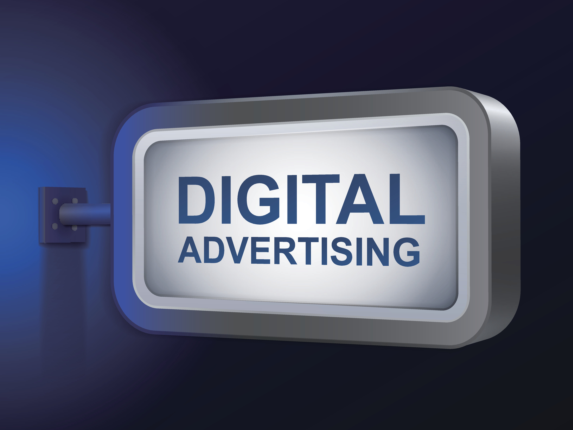A silver sign displaying the words "digital advertising" protrudes from a wall.