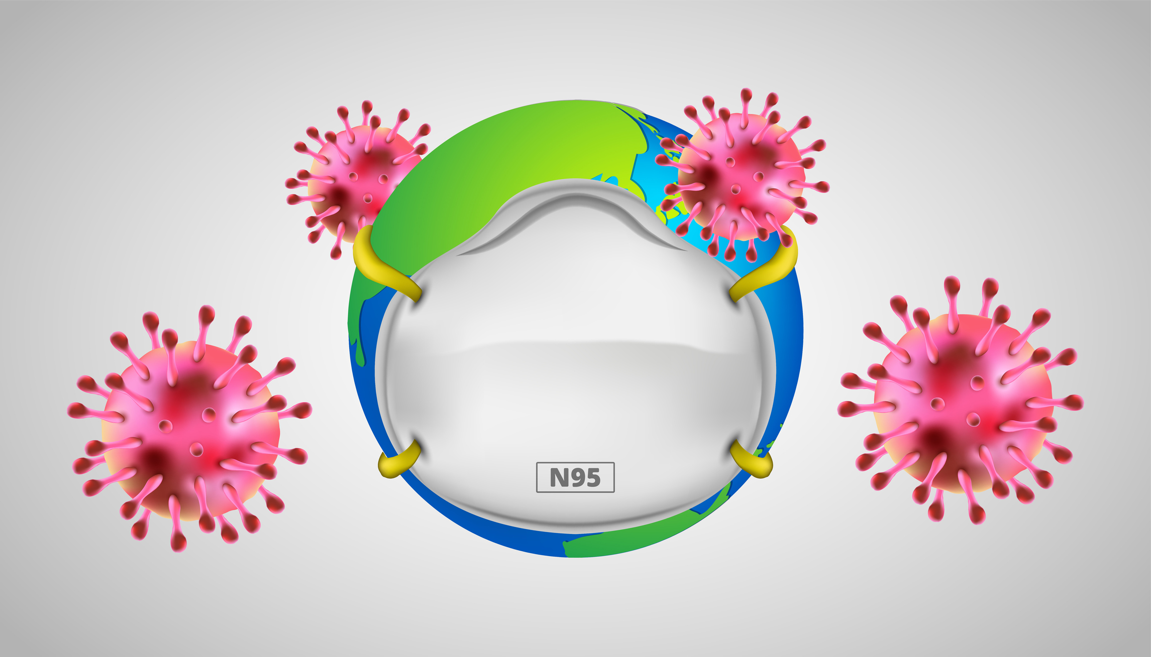 Artist's rendering of an N95 mask around a globe with virus particles floating around