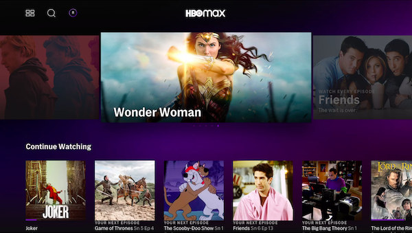 HBO Max home screen.