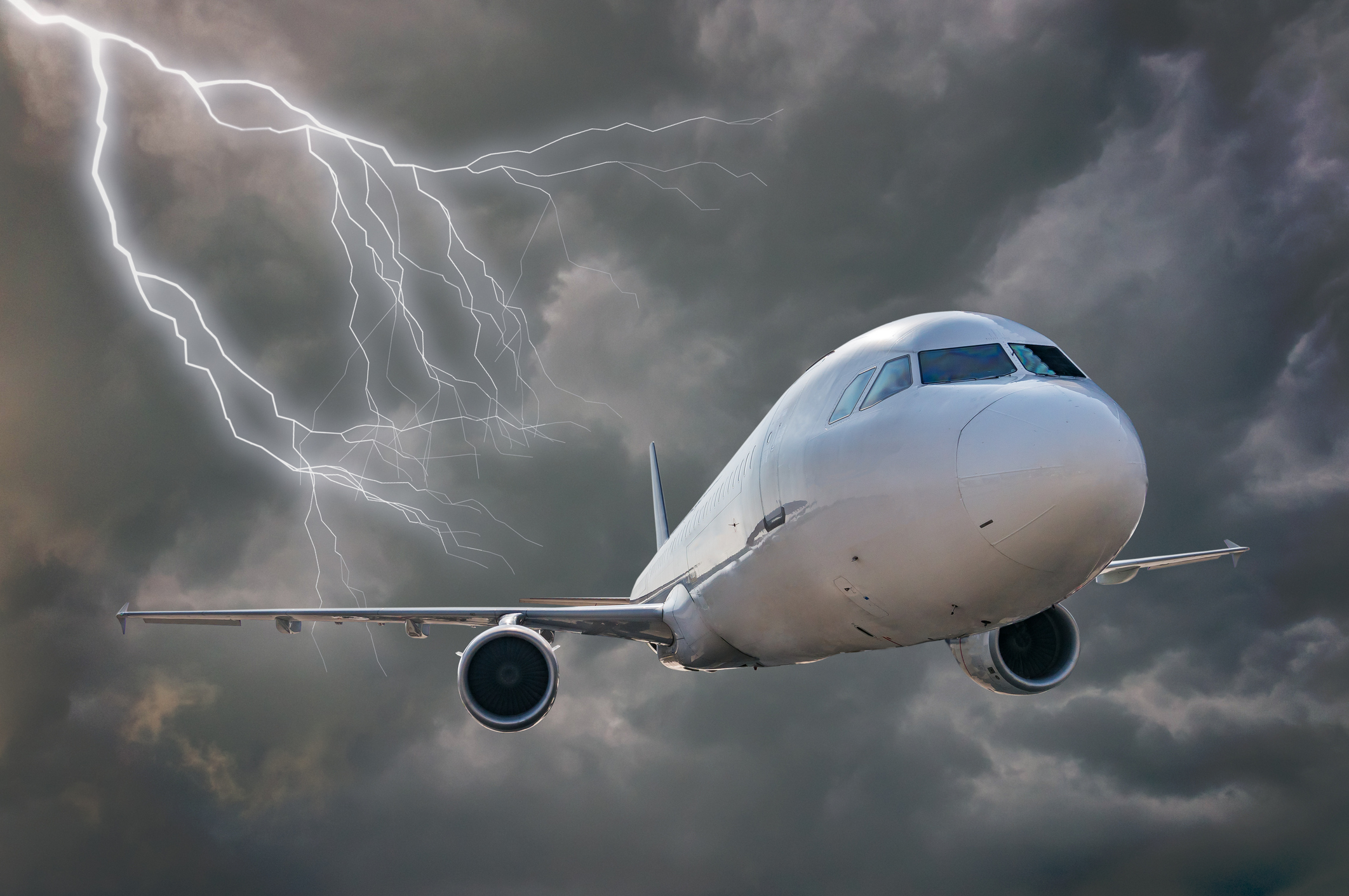 Rendering of a commercial airliner flying through dark clouds and thunderbolts.