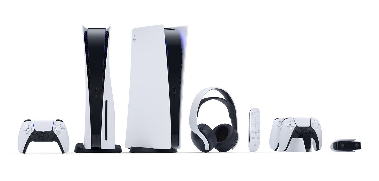 A photo of the two PS5 variants and various accessories.