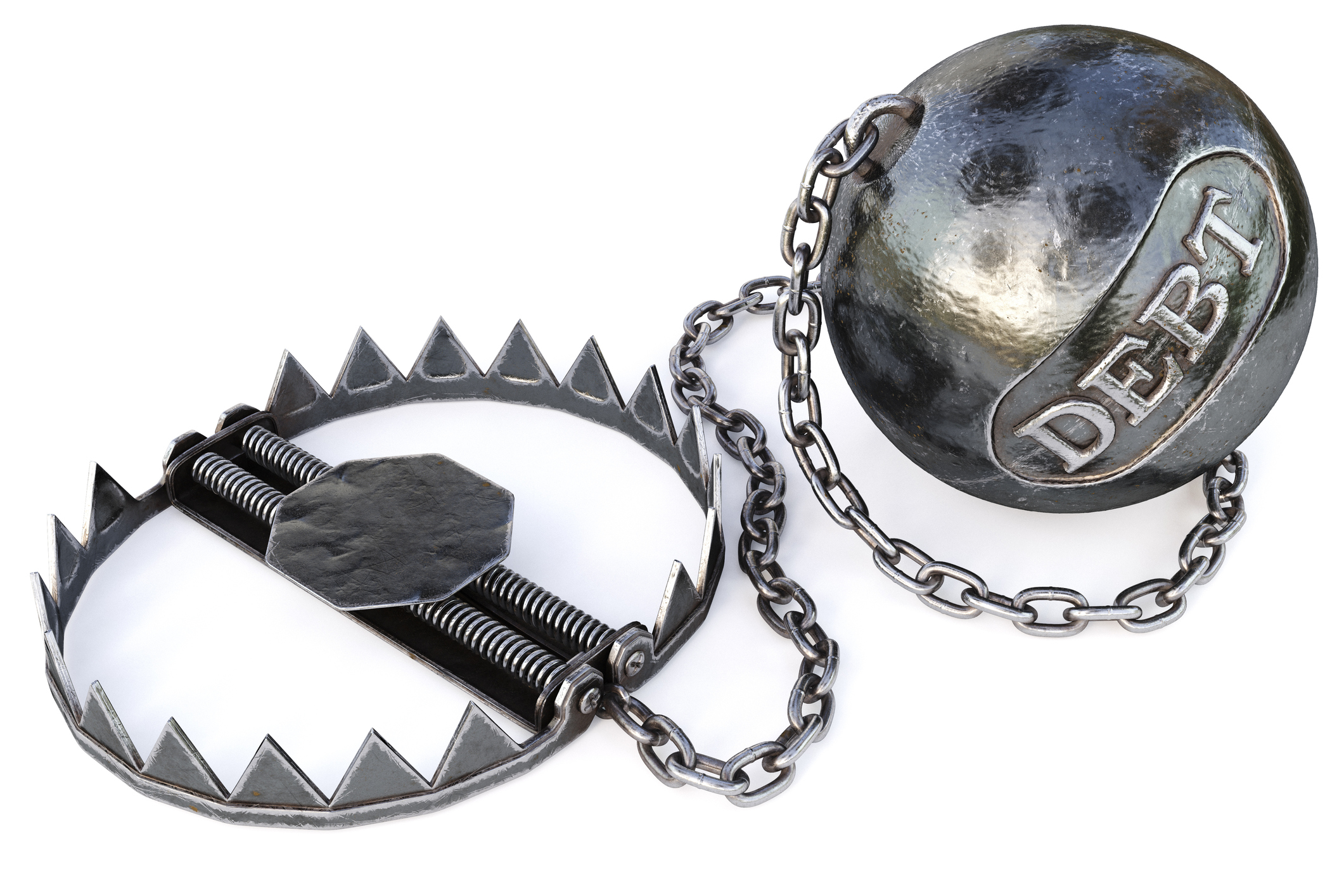 A heavy ball with the word debt etched on it attached by a chain to a bear trap.