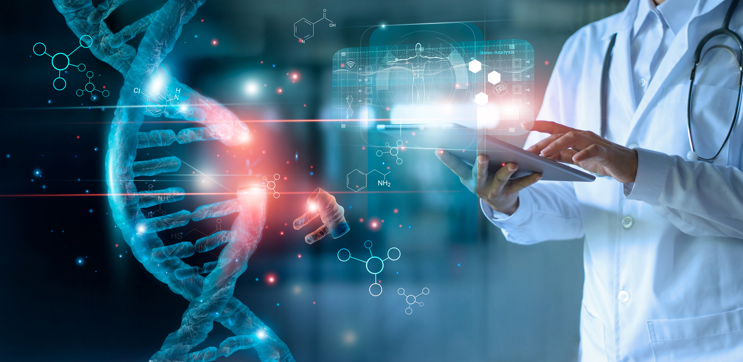 dna chain and scientist working on tablet