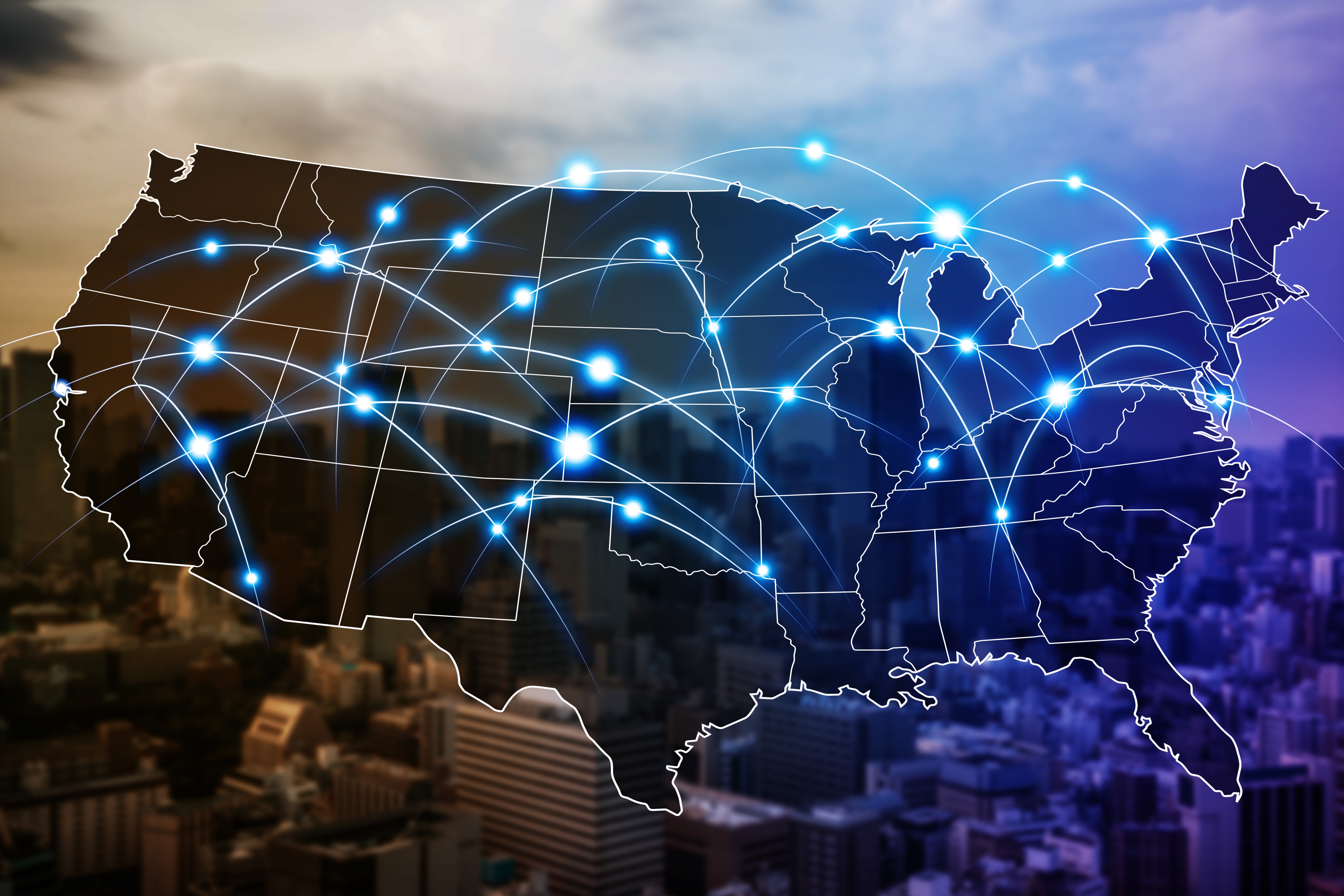 A map of the U.S. with digital dots representing cellular service.