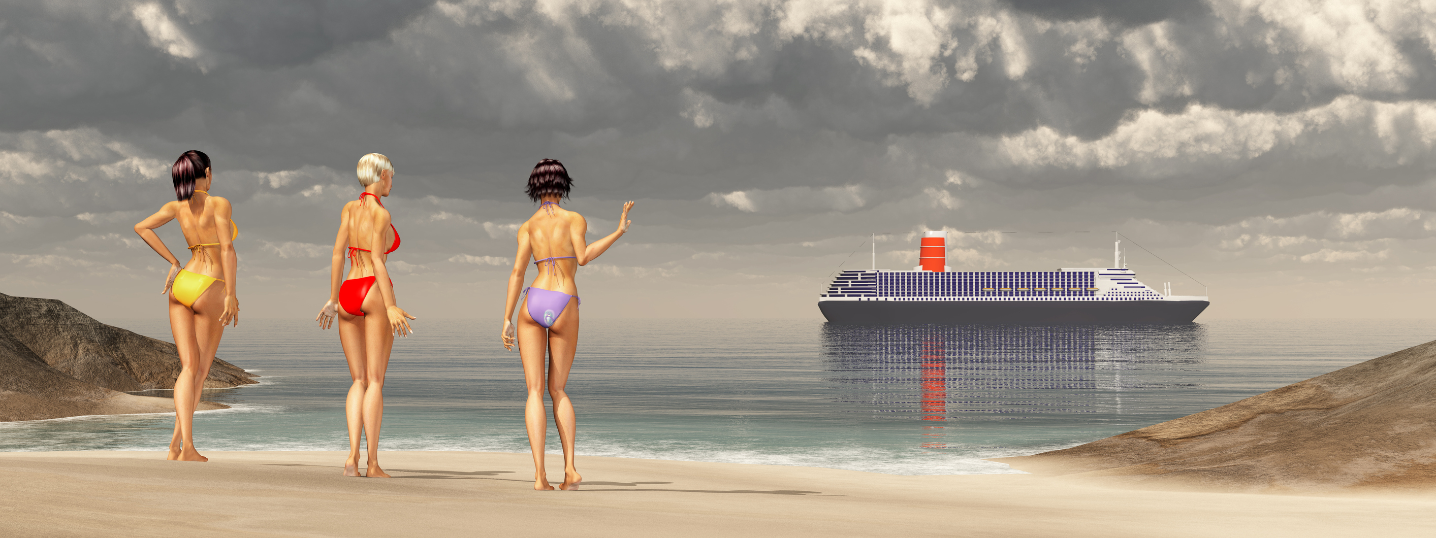 3 women in swimsuits on a beach looking at a cruise ship