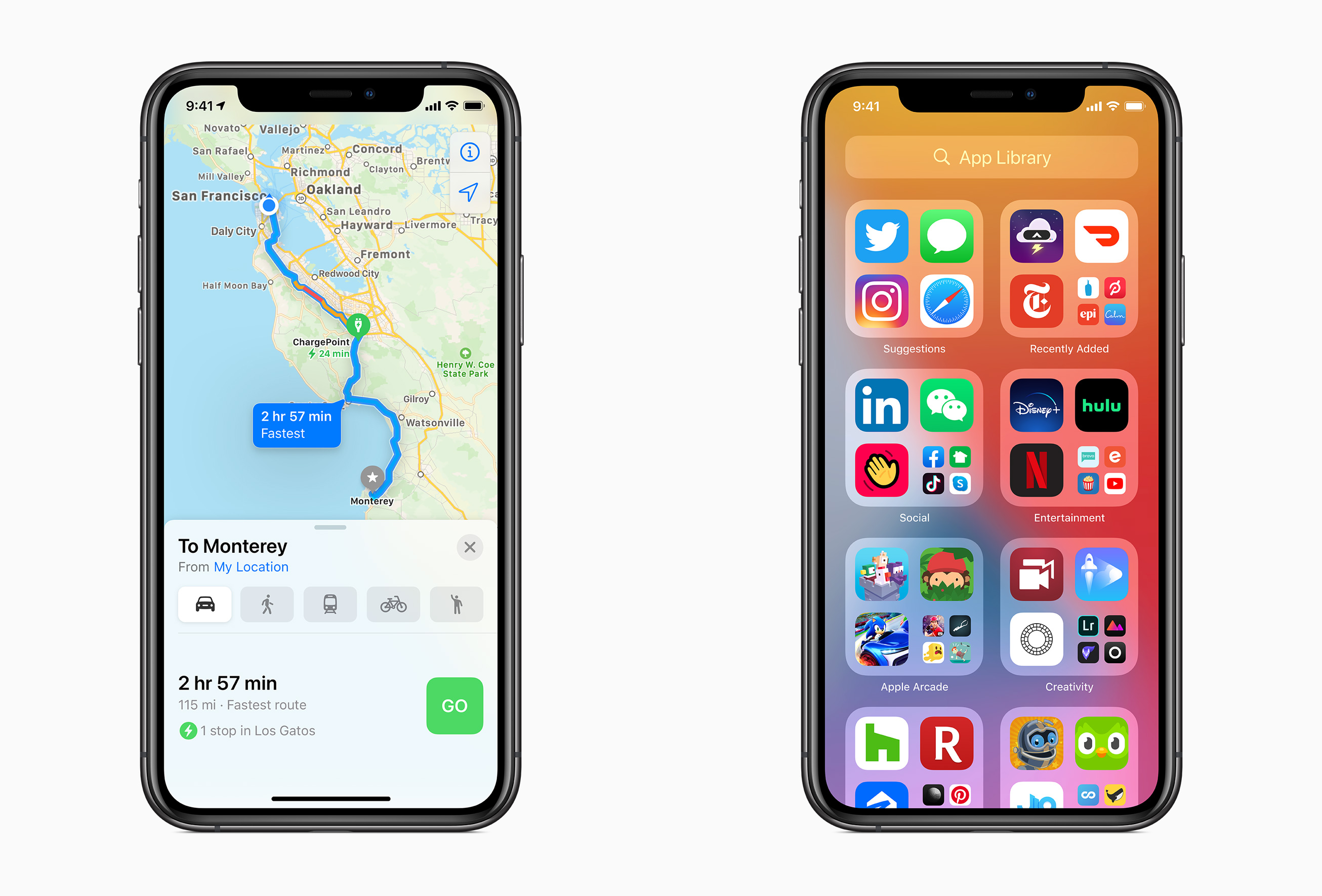 Two iPhones displaying iOS 14 examples
