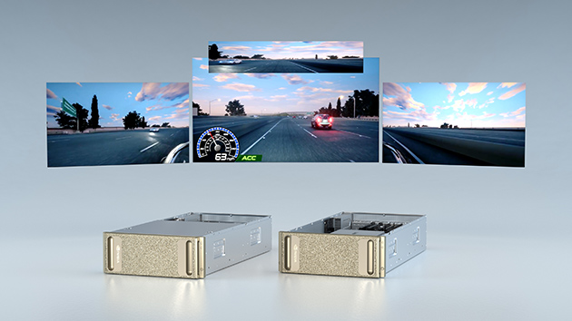 Two pieces of NVIDIA DRIVE hardware. A virtual car simulation is displayed in the background.