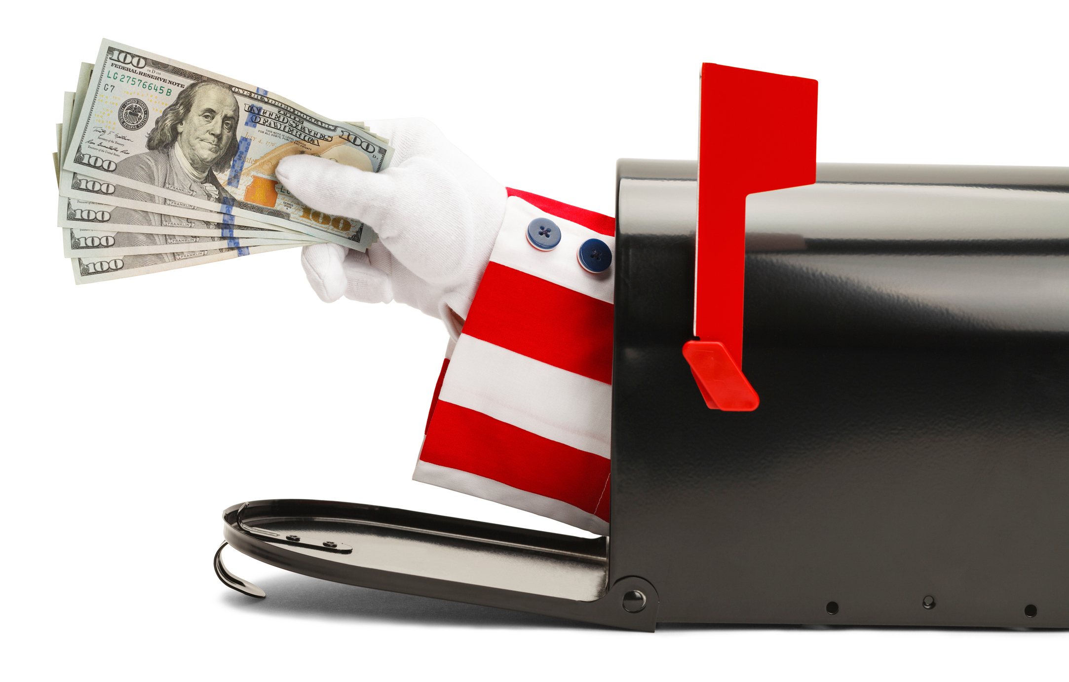 Uncle Sam's hand emerging from a mailbox with a fanned pile of one hundred dollar bills.