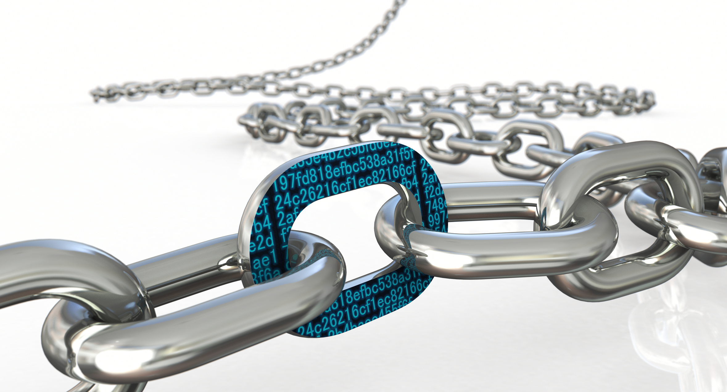 Close-up view of a steel chain where one link is covered in cryptographic data.