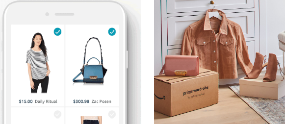 Left pane: Top of a cell phone with women's fashion items on screen. Right pane: Several new women's fashion items in front of a dresser.
