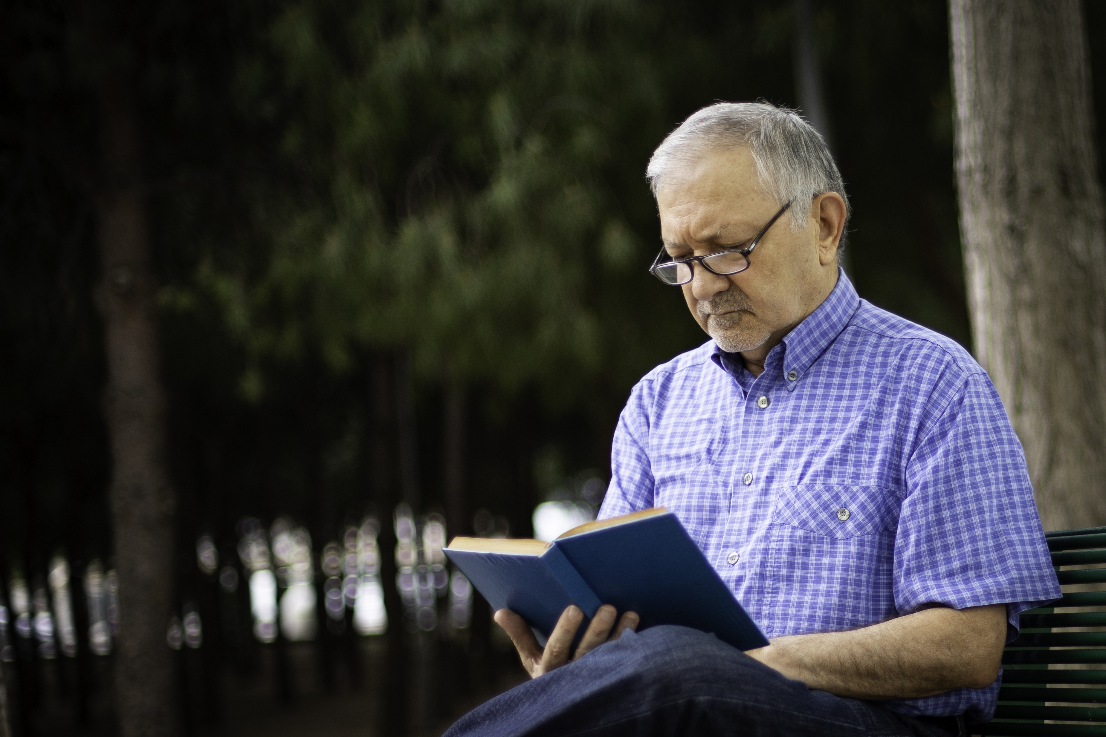 Older man reading book on bench outdoors