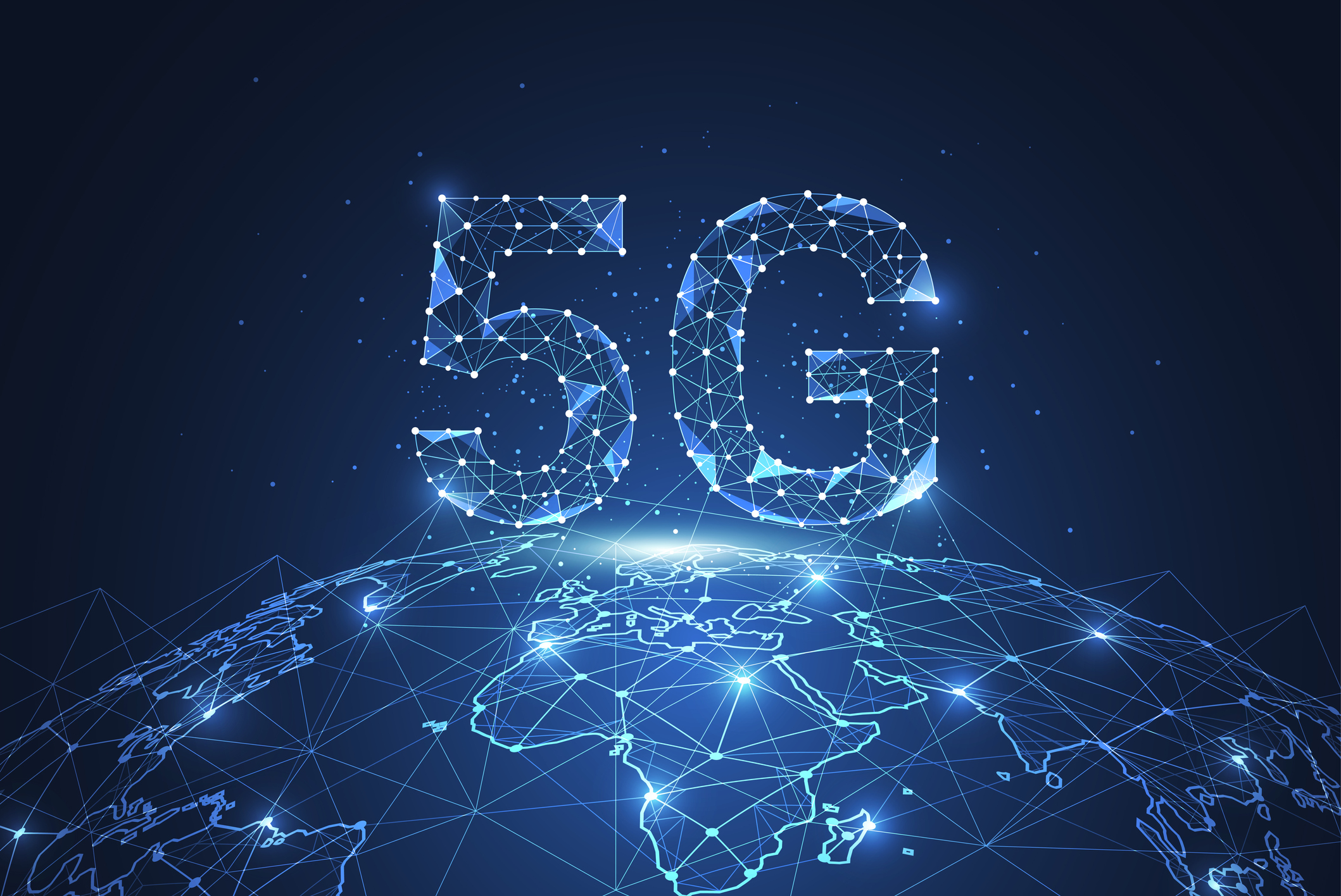 An illustration of wireless networks spelling "5G" over the Earth.
