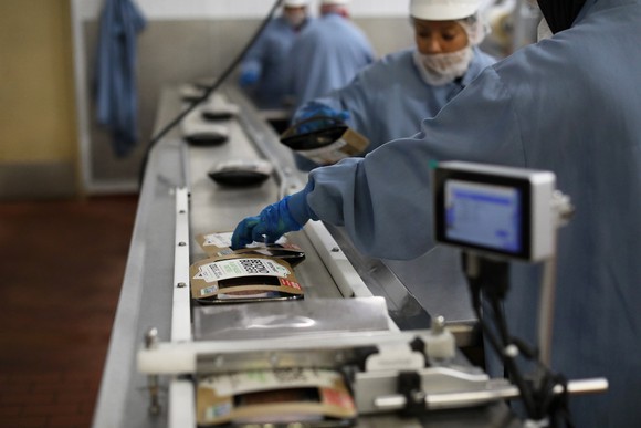 An assembly line for Beyond Burger at a Beyond Meat facility.