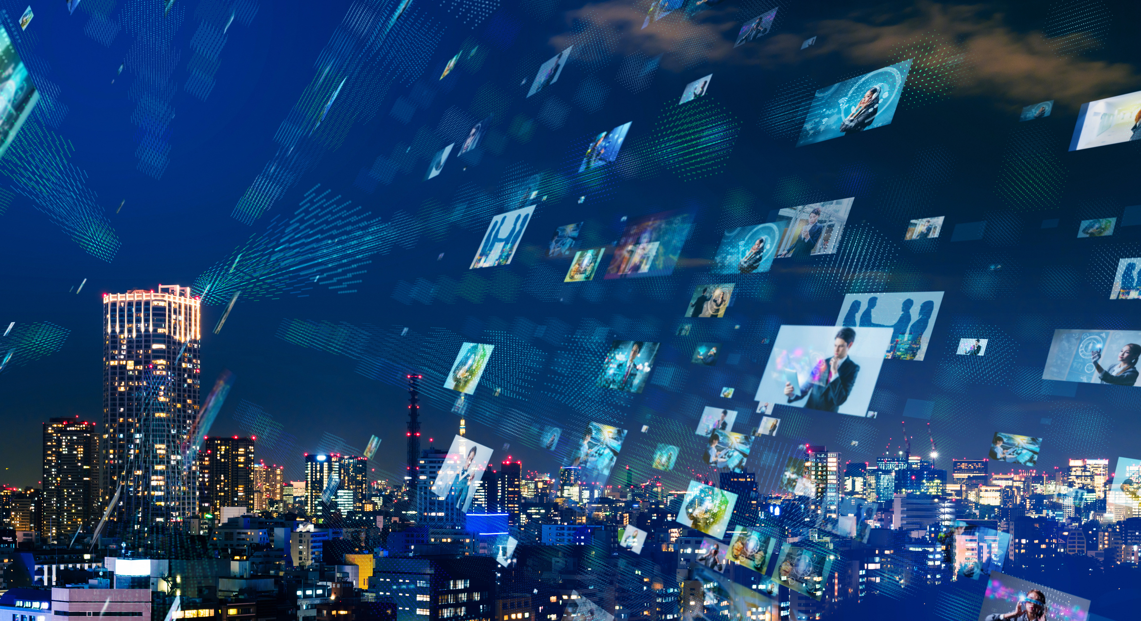 Various media screens overlaid over a cityscape at night.